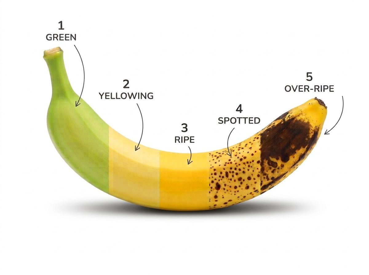 Banana ripening color stages, from green to over-ripe