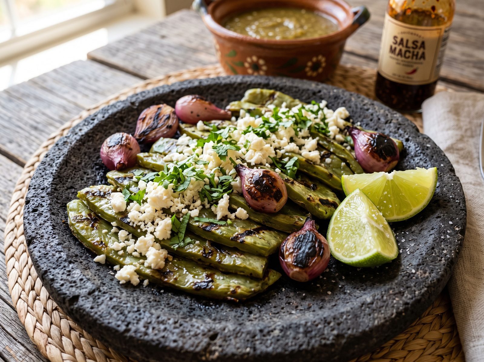 Charred nopal strips with grilled cebollitas, queso fresco, cilantro and lime on a volcanic stone plate