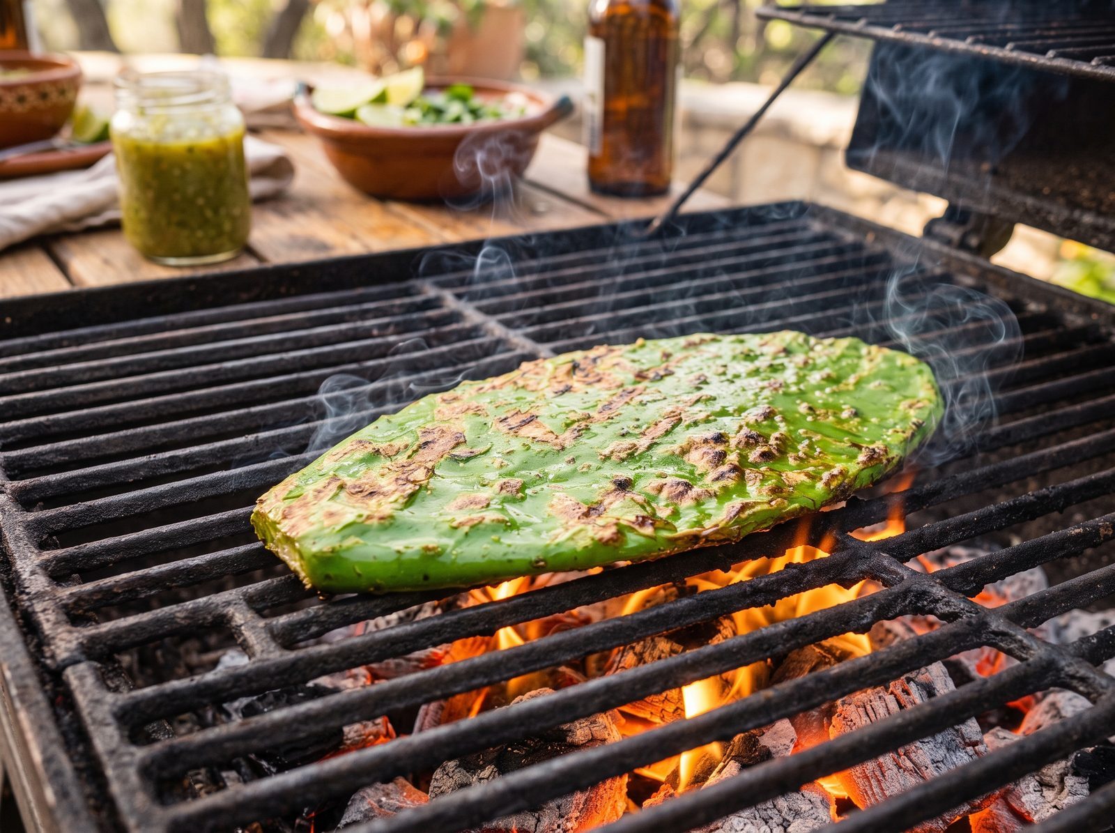 A nopal paddle charring on a charcoal grill