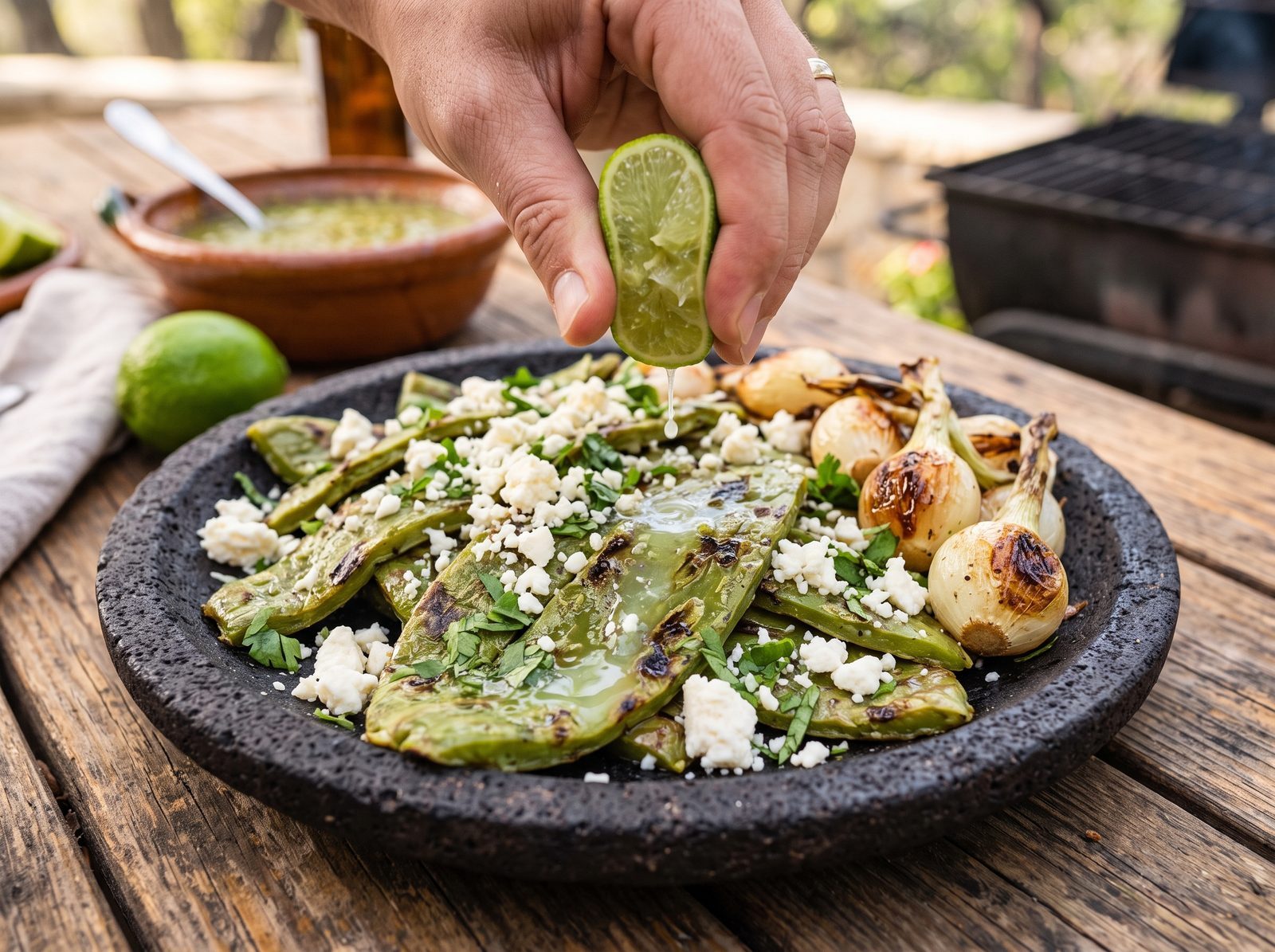 A hand squeezing lime over grilled nopales and cebollitas