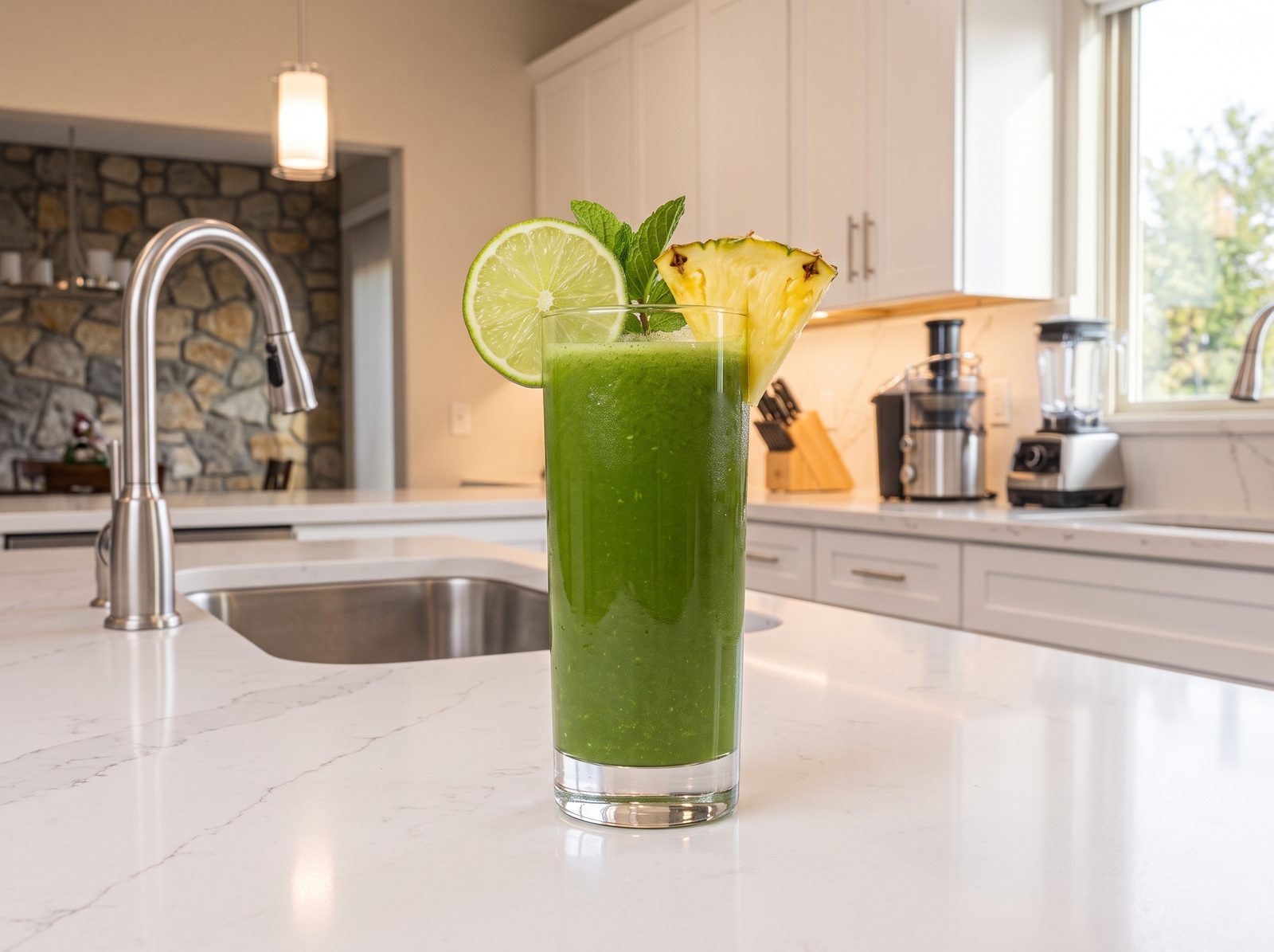 A tall glass of green nopal juice garnished with lime, mint and pineapple