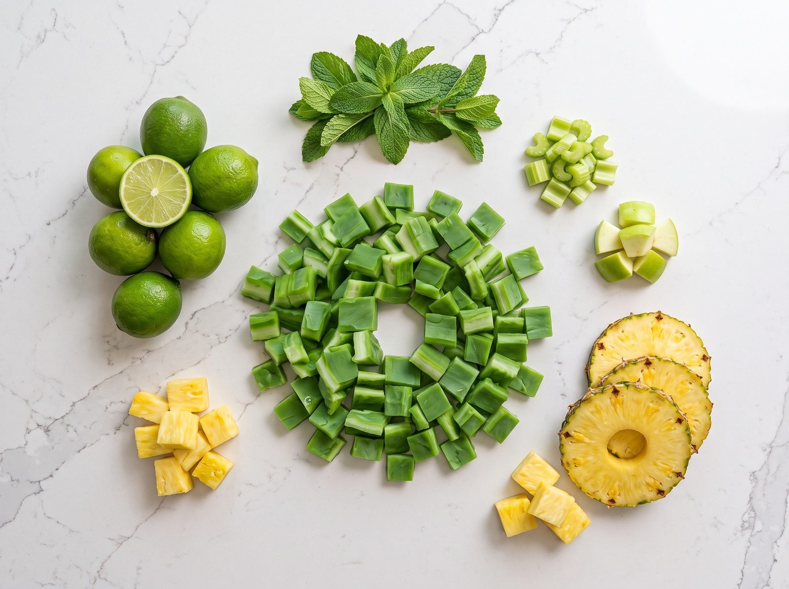 Nopalitos, pineapple, limes, cucumber and mint arranged on white marble