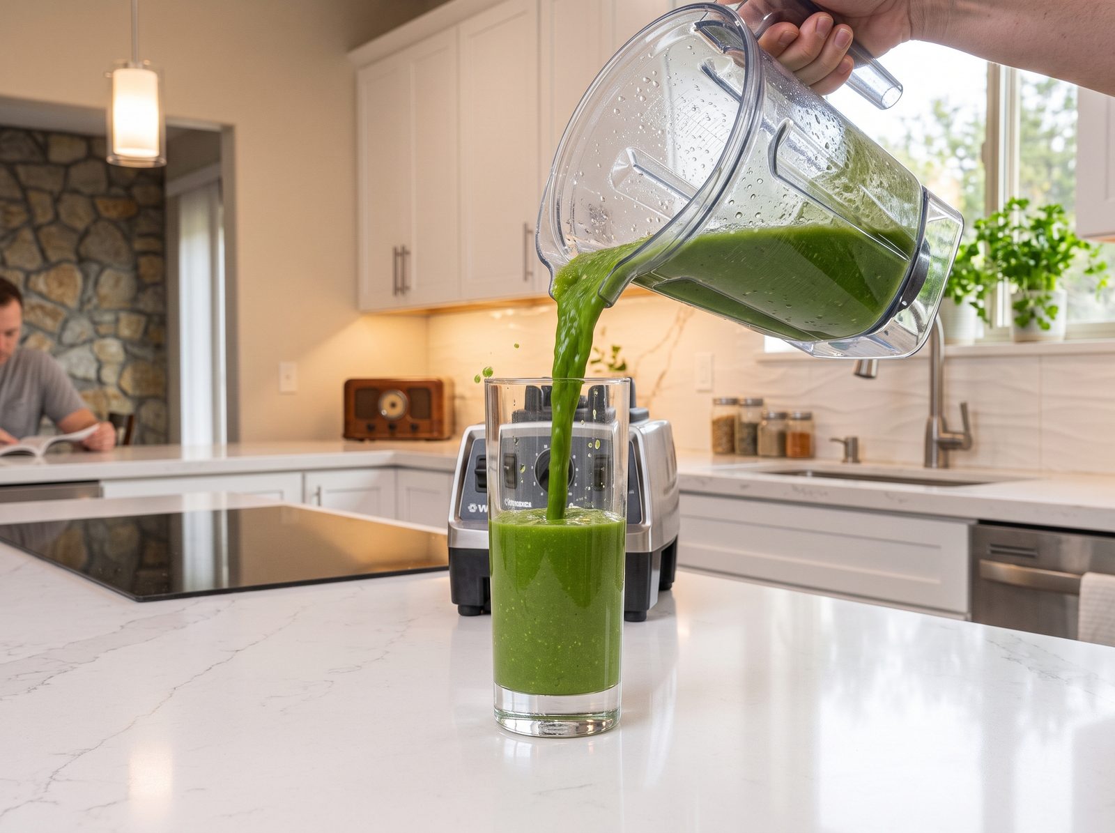 Green nopal juice being poured from a blender into a glass