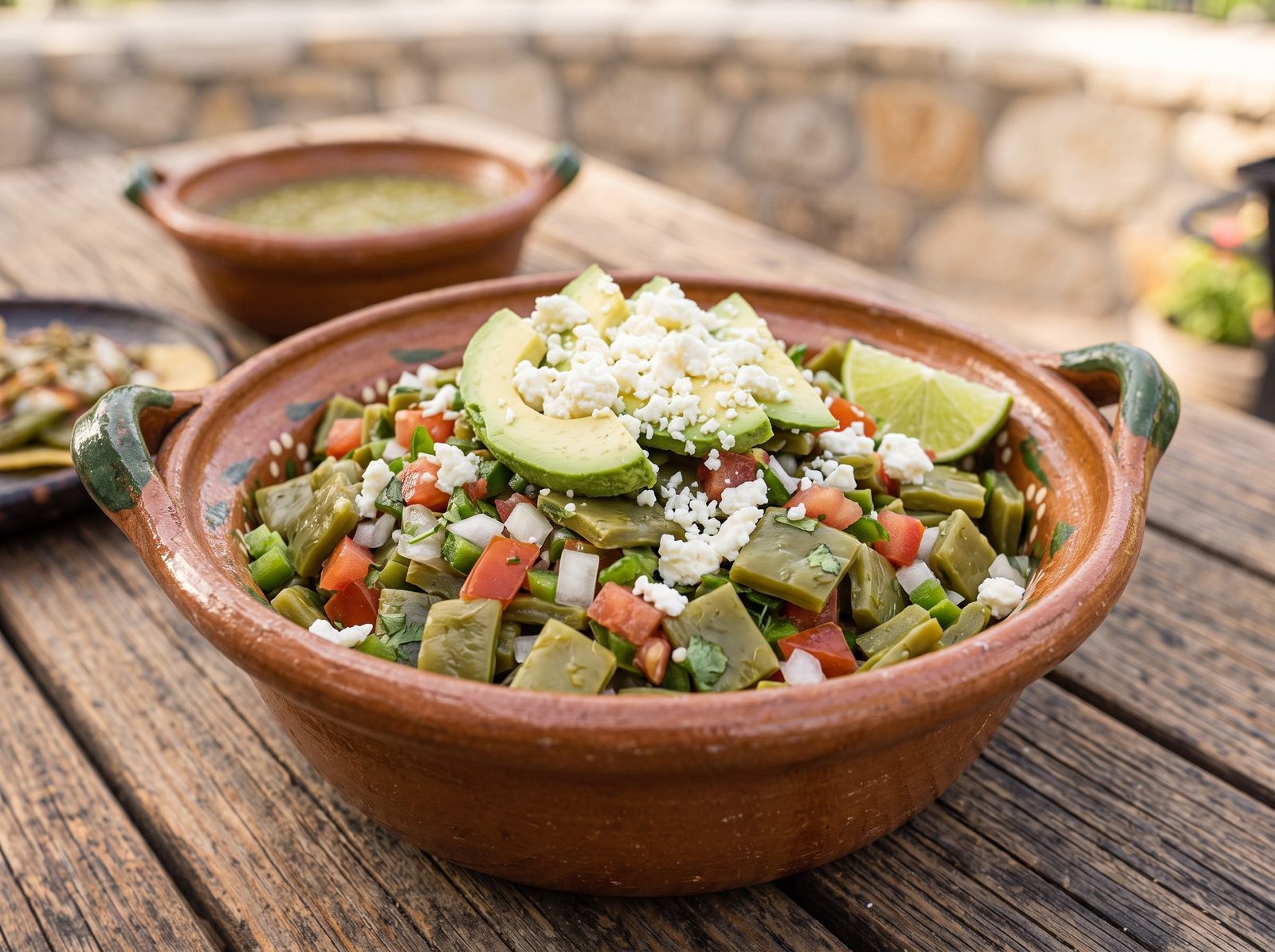 Nopalitos salad in a clay bowl topped with avocado, queso fresco and a lime wedge