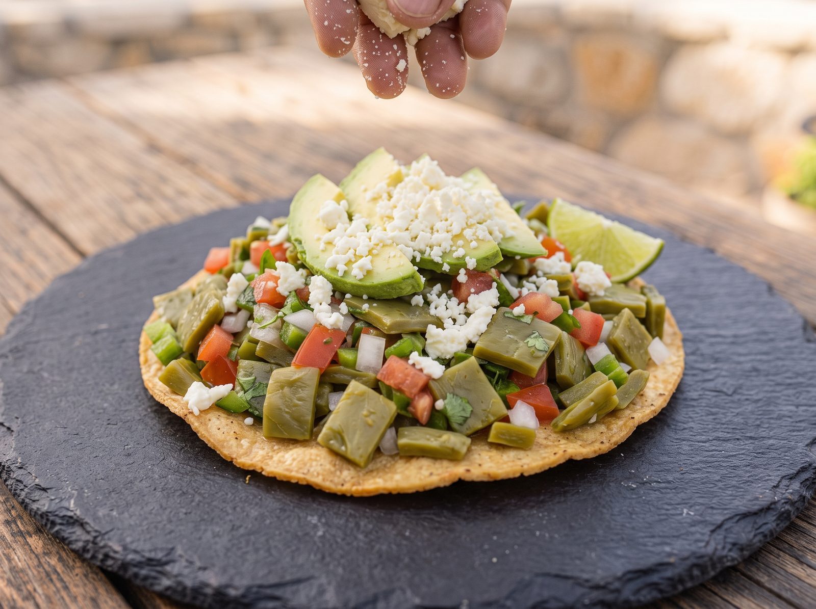 Nopalitos salad on a crisp tostada with avocado and queso fresco