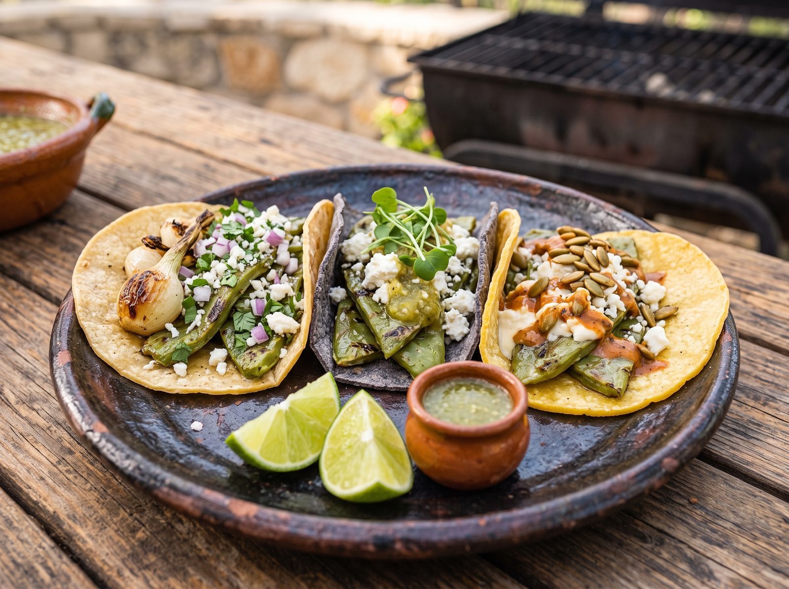 Three nopal tacos on a rustic plate with lime wedges and a small cup of salsa verde
