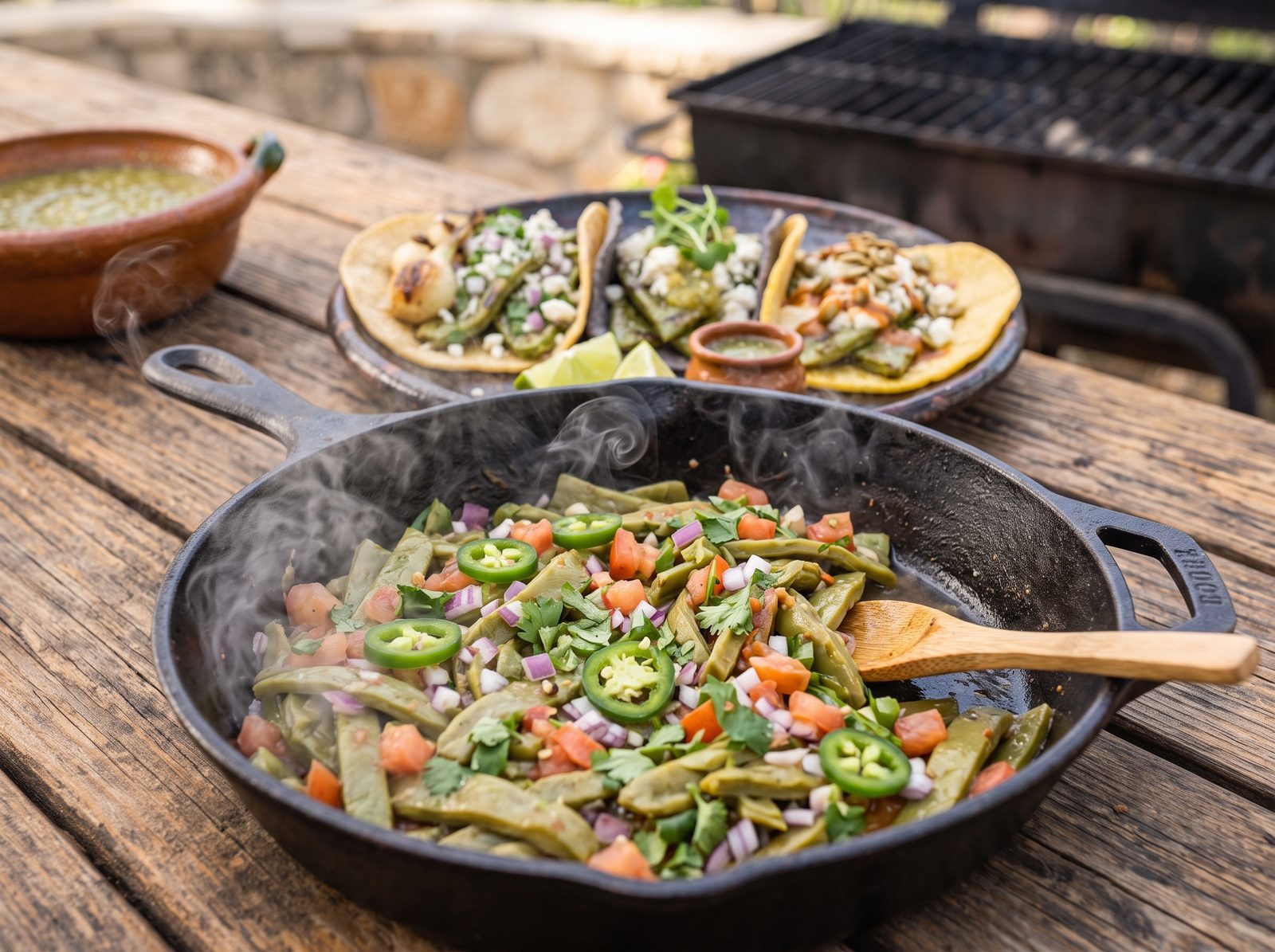 A steaming skillet of nopales a la mexicana with tomato, onion and jalapeño