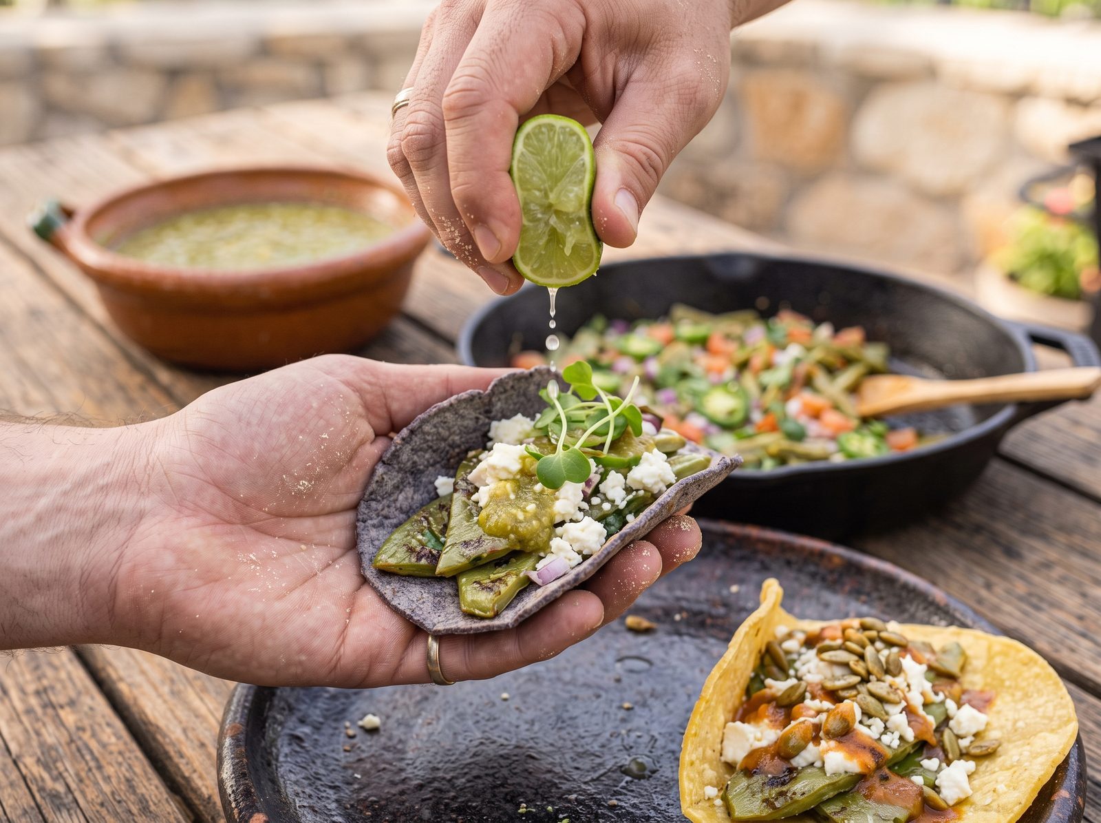 A hand squeezing lime over a blue corn nopal taco