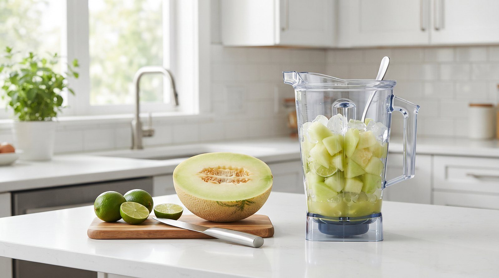 Blender jar of honeydew chunks next to a pitcher and limes