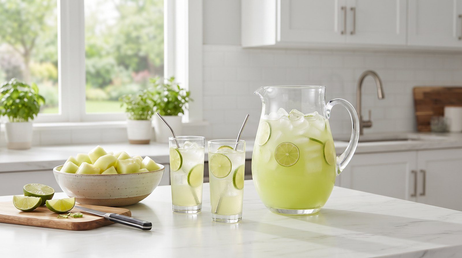 Pitcher and glasses of pale green honeydew agua fresca with lime on a bright counter