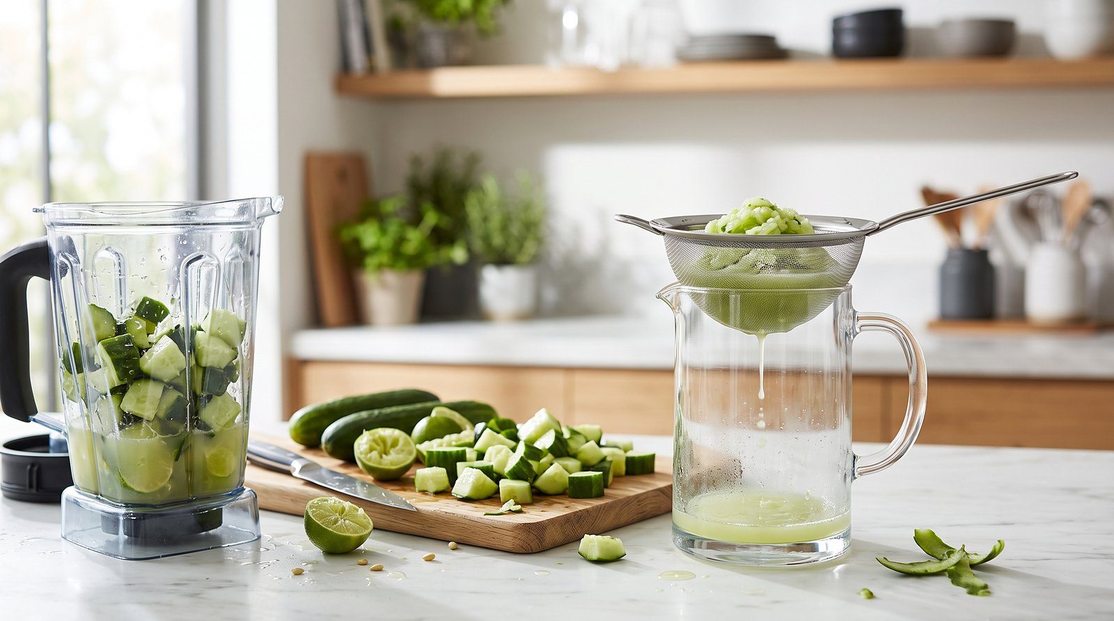 Blender with chopped cucumber and lime, and a strainer over a pitcher