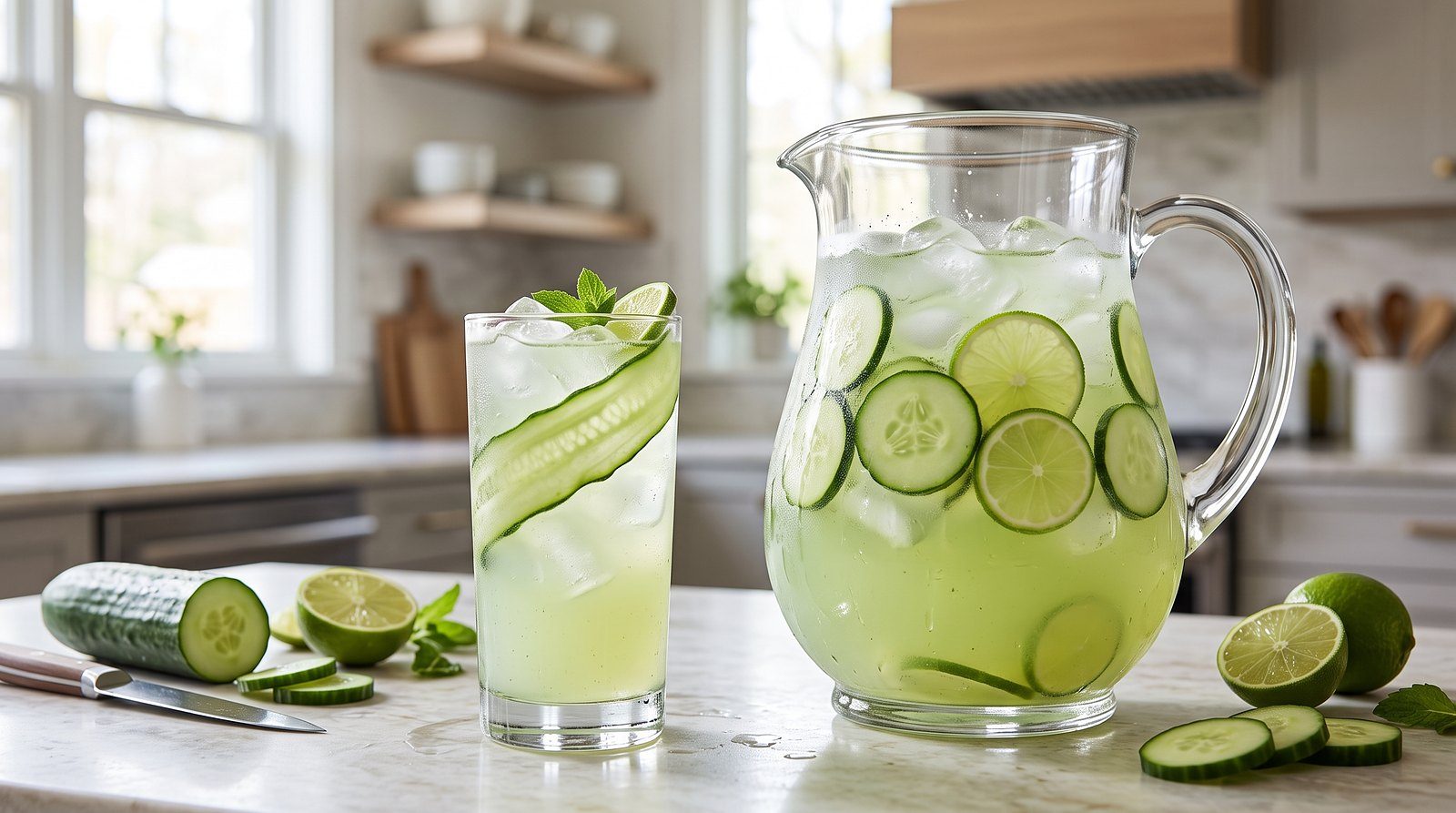 Pitcher and glass of cucumber agua fresca with cucumber and lime slices
