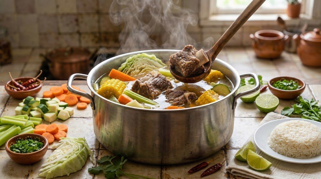Stockpot of beef caldo with short ribs and vegetables