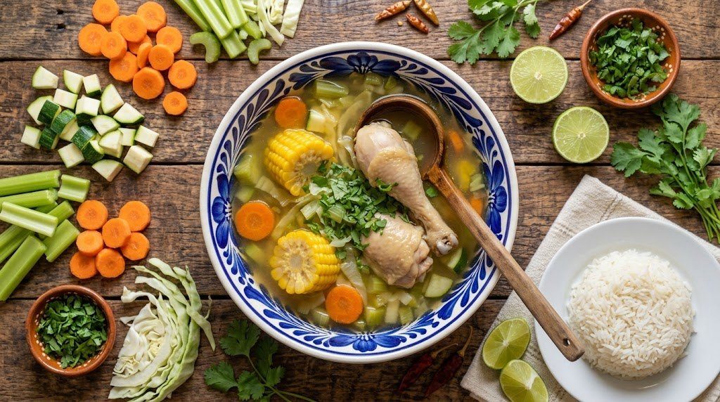 Bowl of chicken caldo with corn, carrot, zucchini and cilantro