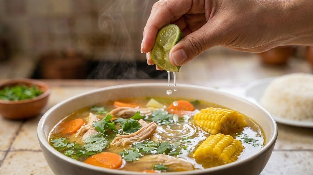 A hand squeezing lime over a bowl of chicken caldo
