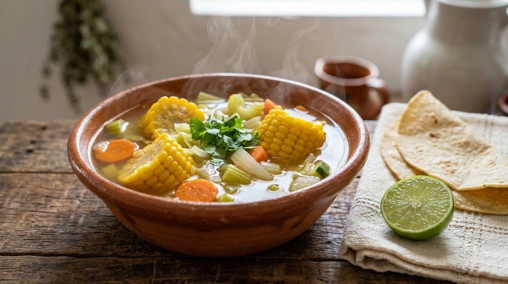 Clay bowl of vegetarian caldo with corn, zucchini, carrot and cilantro