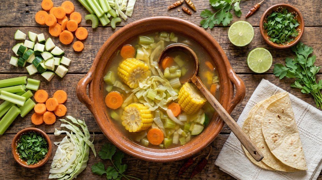 Overhead view of a clay pot of vegetable caldo with a wooden ladle