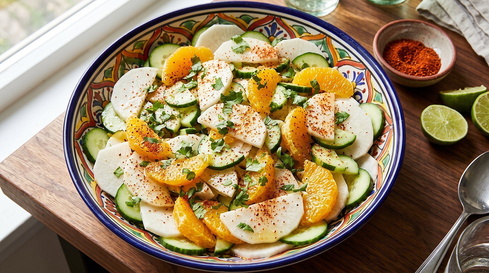 Platter of jicama, cucumber and orange salad dusted with chile and cilantro