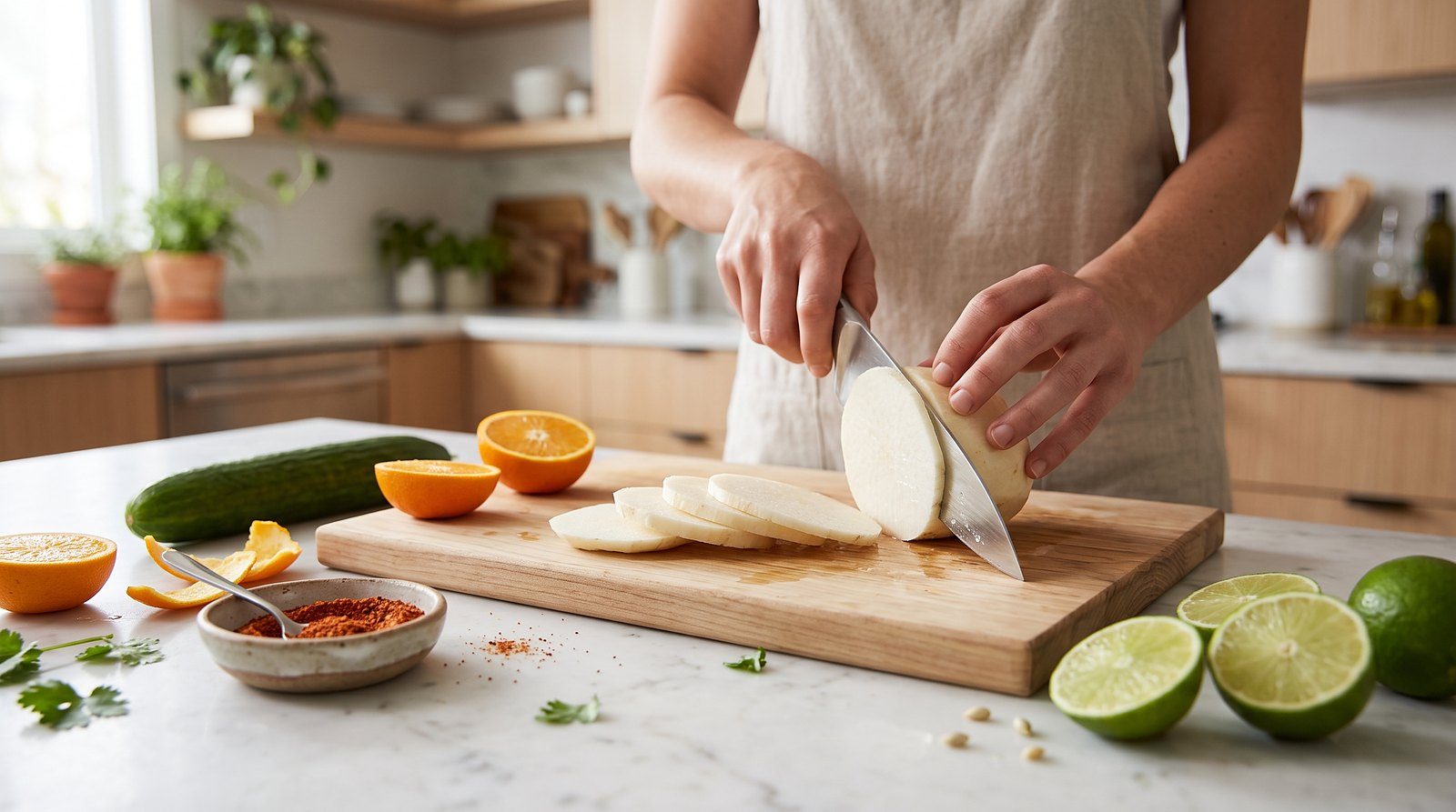 Peeled jicama being sliced on a board with a cucumber, oranges and limes