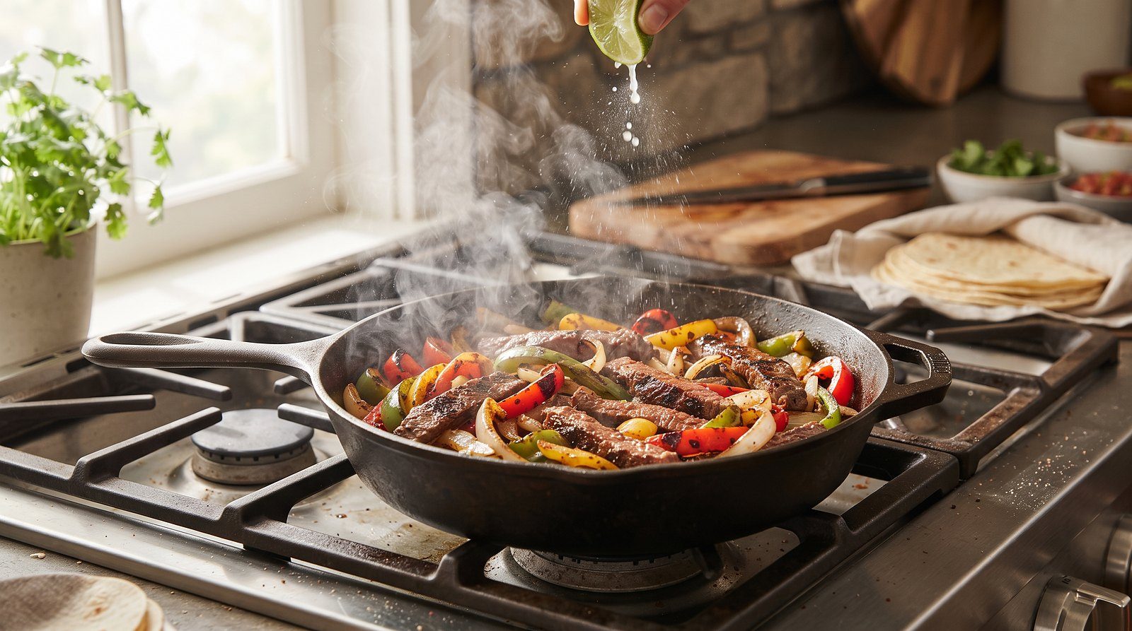 Cast iron skillet of sizzling beef fajitas with peppers and onions