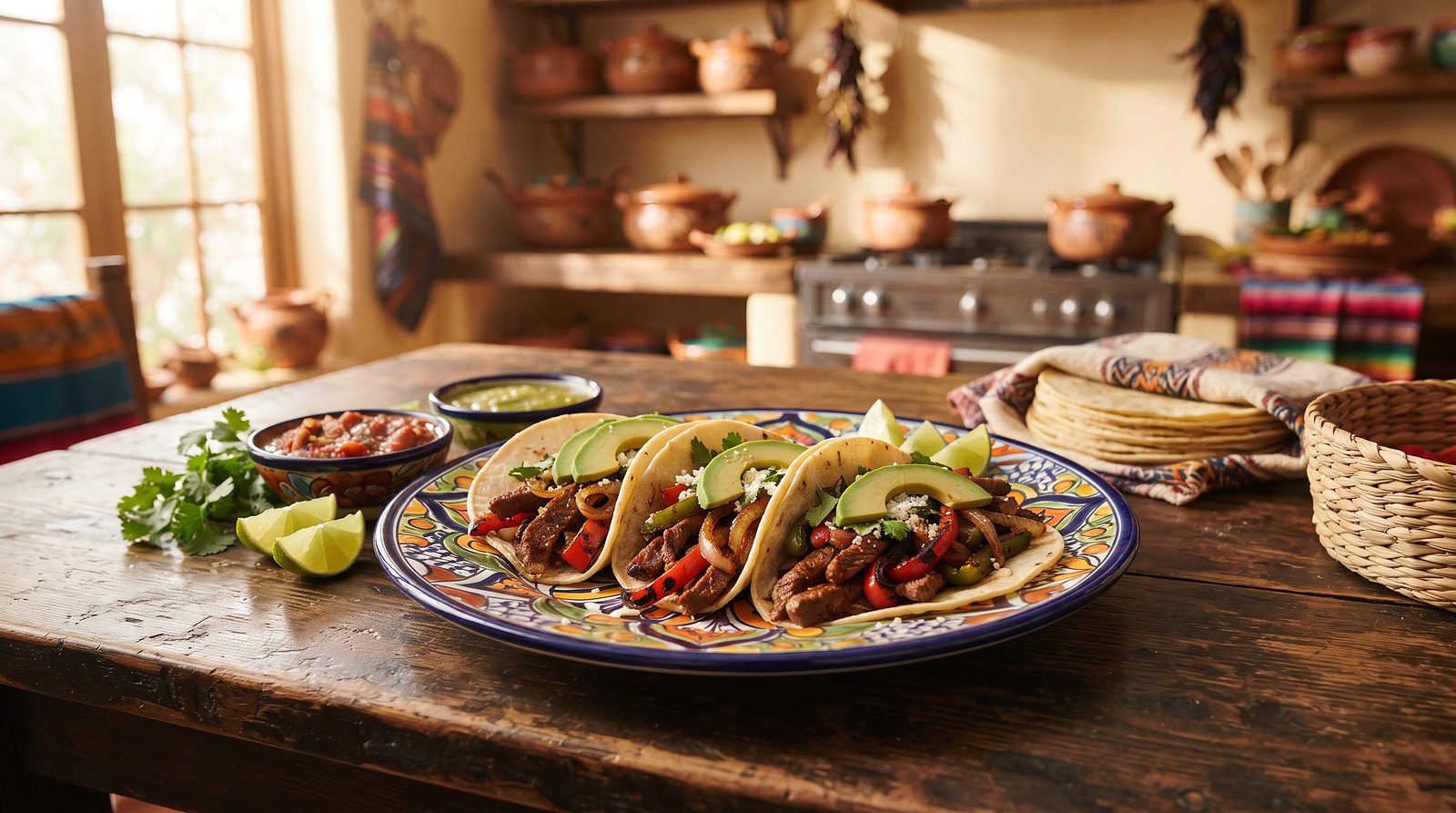 Tacos with beef fajitas, peppers and avocado on a talavera plate