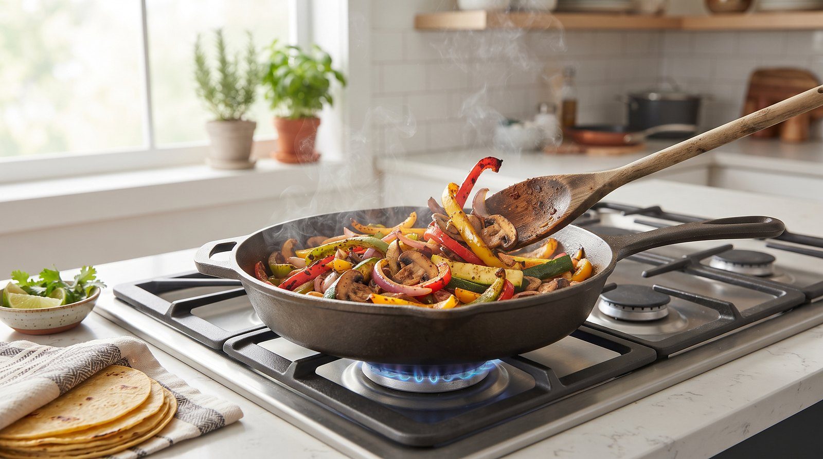 Plate of vegetable fajitas with peppers, mushrooms and squash with tortillas