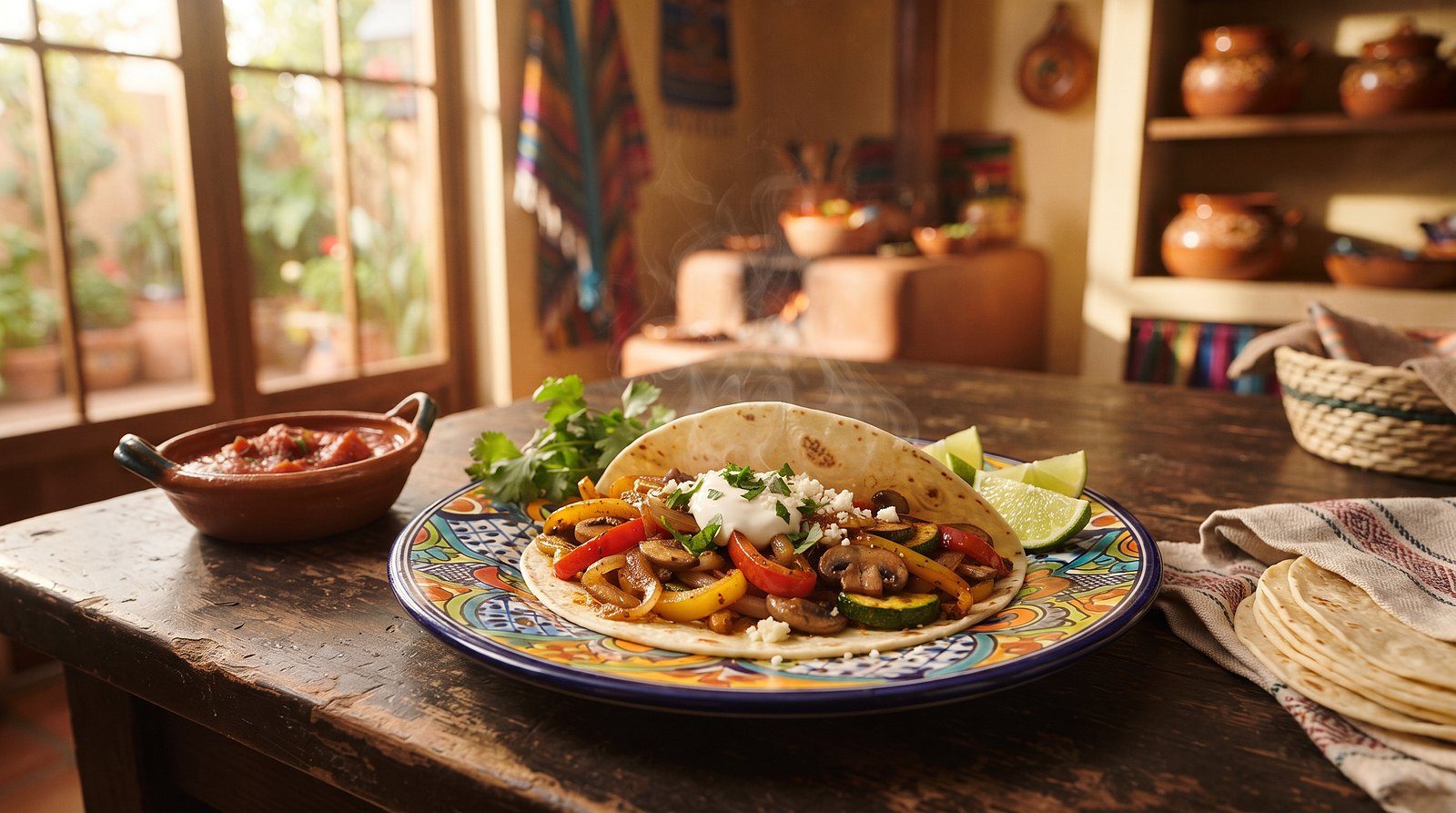 Skillet of sizzling vegetable fajitas on a stovetop
