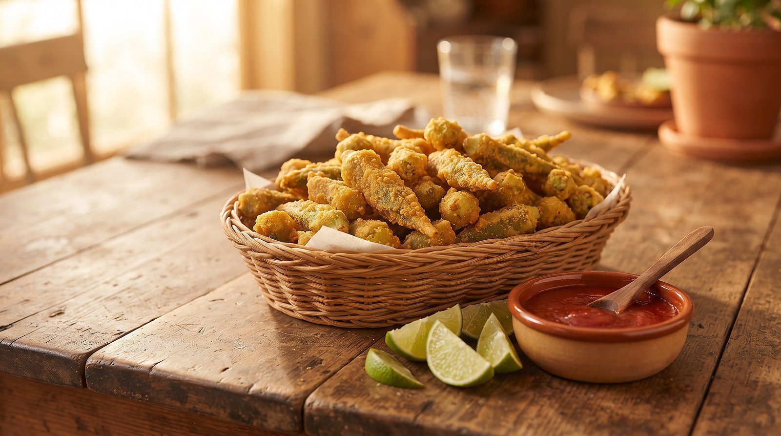 Basket of golden crispy fried okra with lime wedges and hot sauce