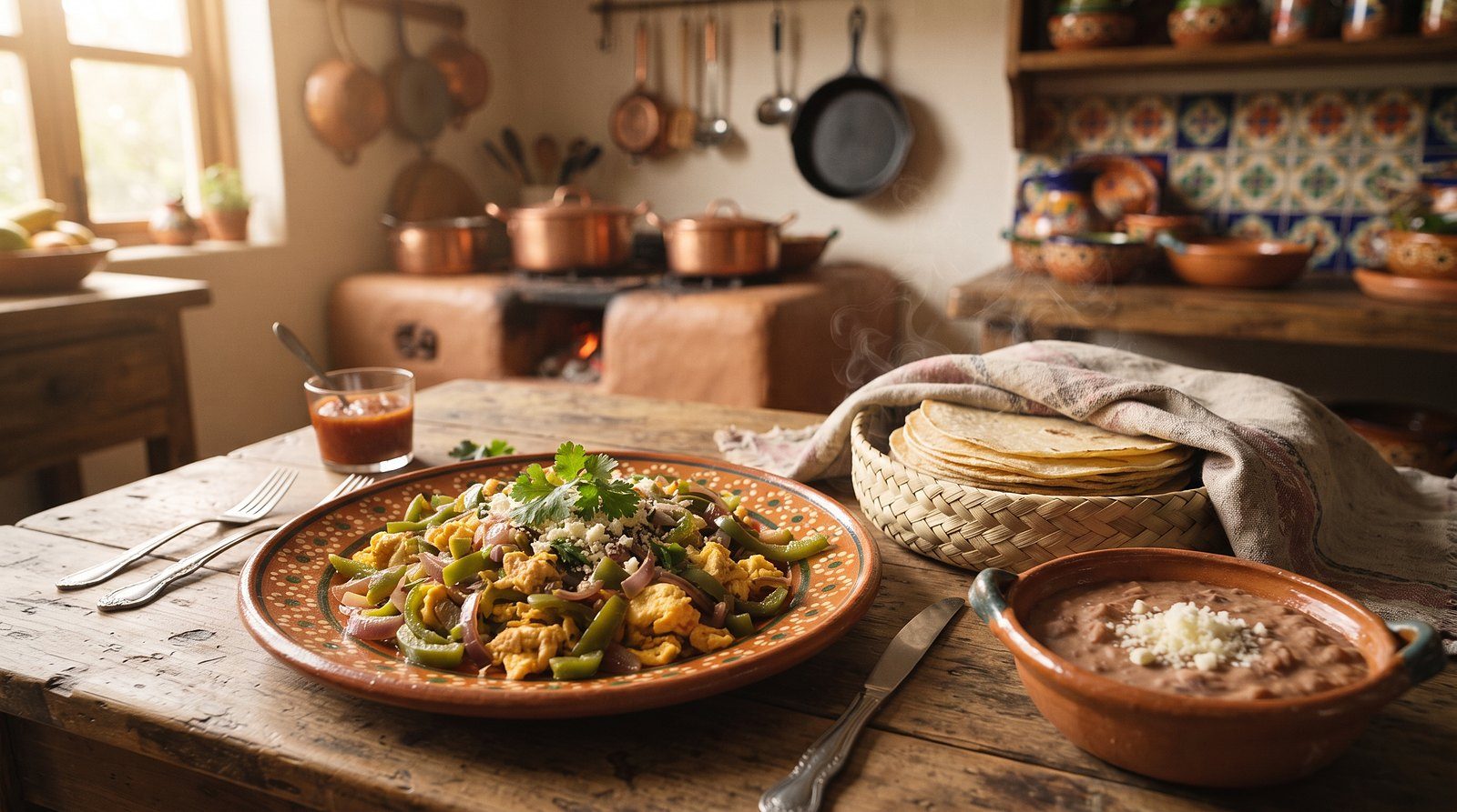 Plate of scrambled eggs with green peppers and onion, tortillas and beans