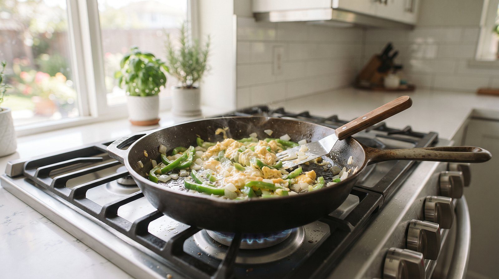 Skillet of eggs scrambled with green pepper strips on a stove