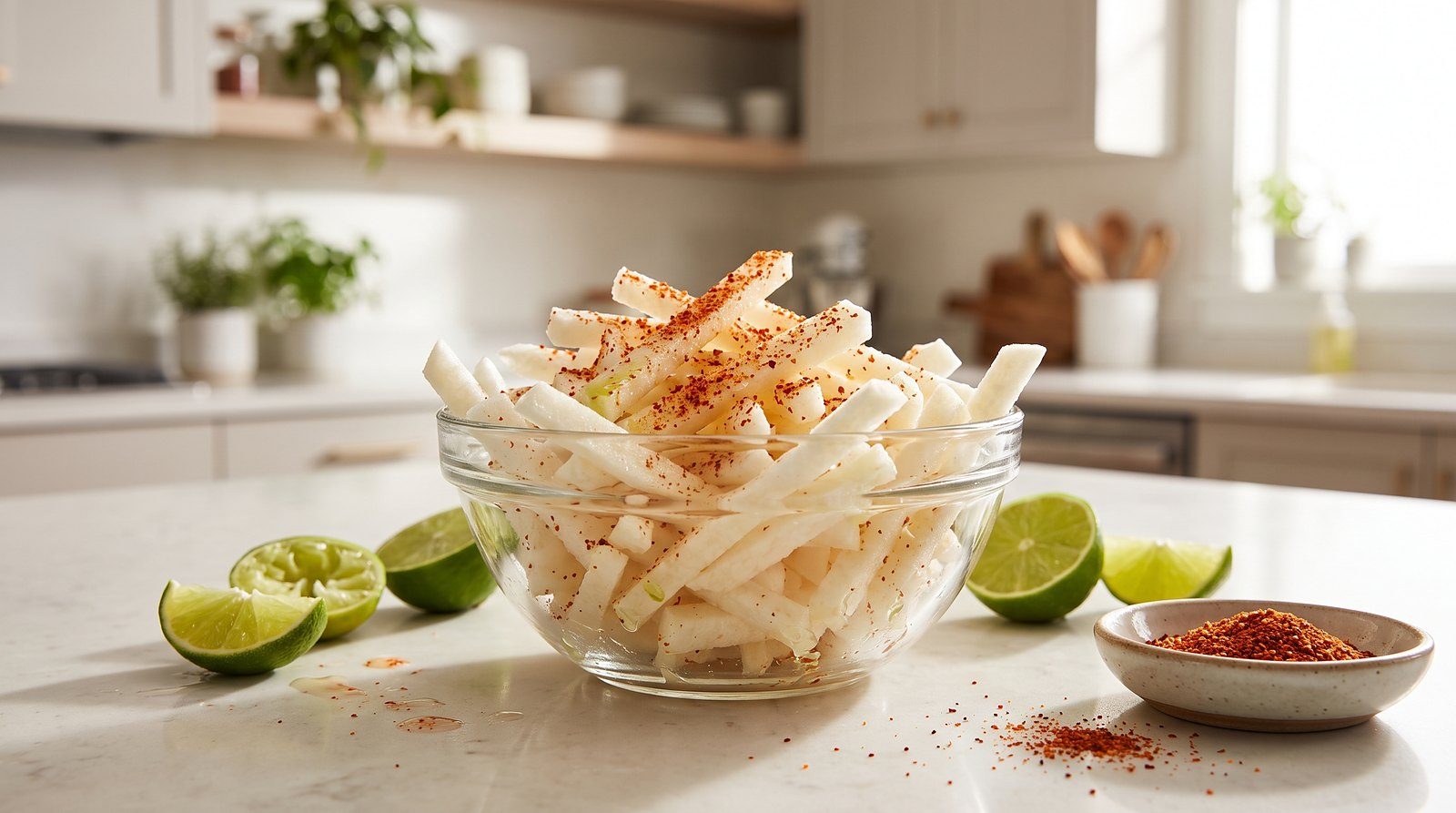 Glass bowl of jicama sticks with red chile powder and lime wedges on a modern kitchen counter