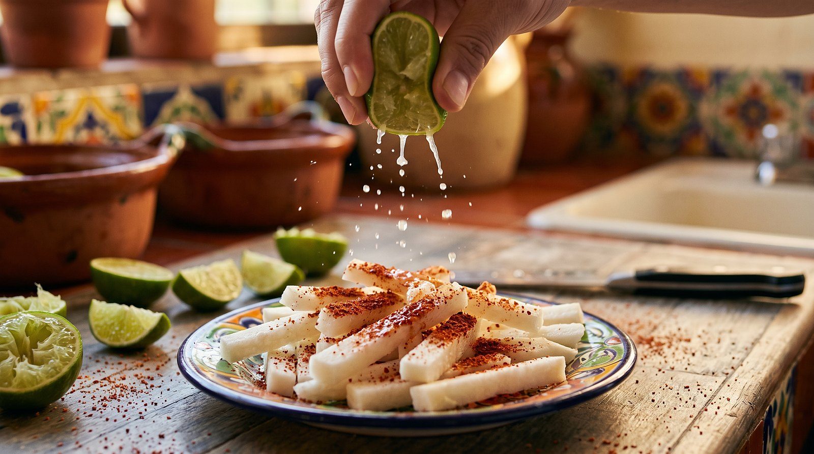 Lime being squeezed over jicama sticks sprinkled with chile powder