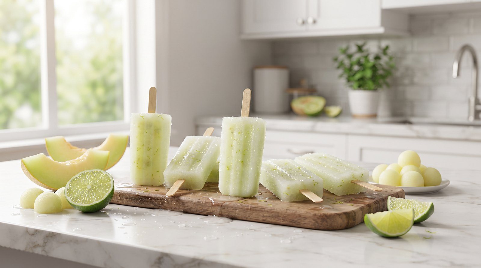 Pale green honeydew lime popsicles on a marble counter with melon chunks