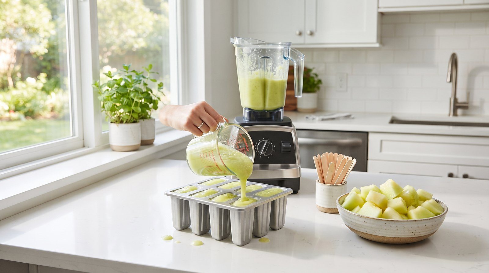 Popsicle molds being filled with honeydew puree in a bright kitchen