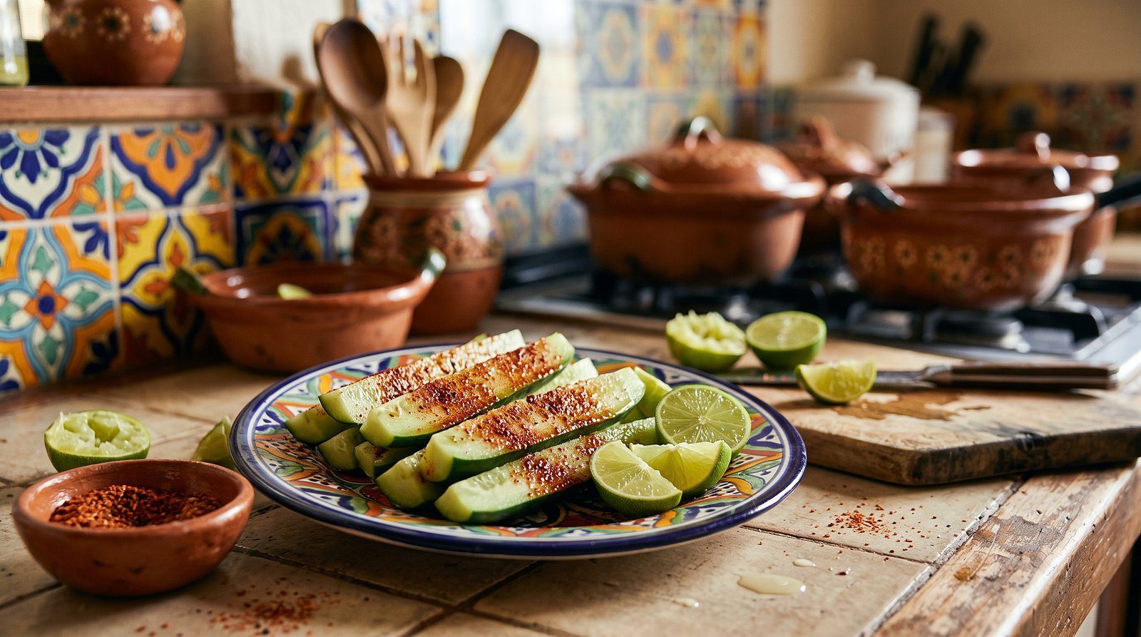 Talavera plate of cucumber spears dressed with chile powder and lime
