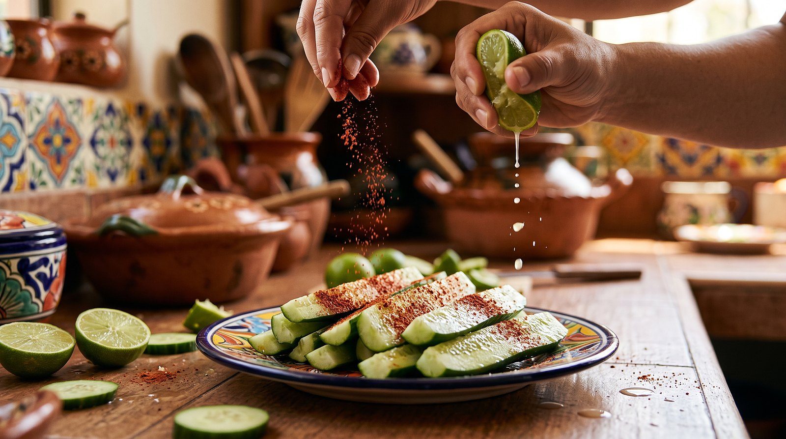 Hand sprinkling chile powder and squeezing lime over cucumber spears