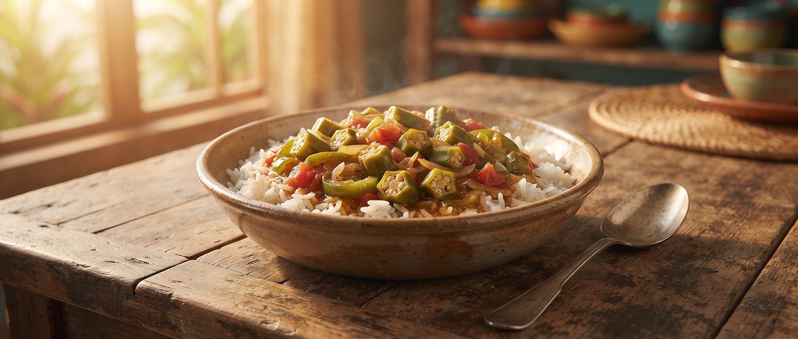 Bowl of okra and tomato stew with white rice on a rustic table