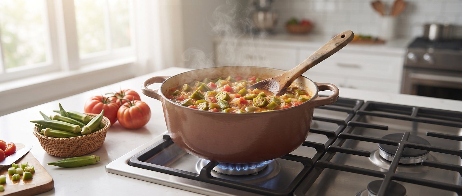 Pot of okra stewing with tomato, onion and peppers on a stove