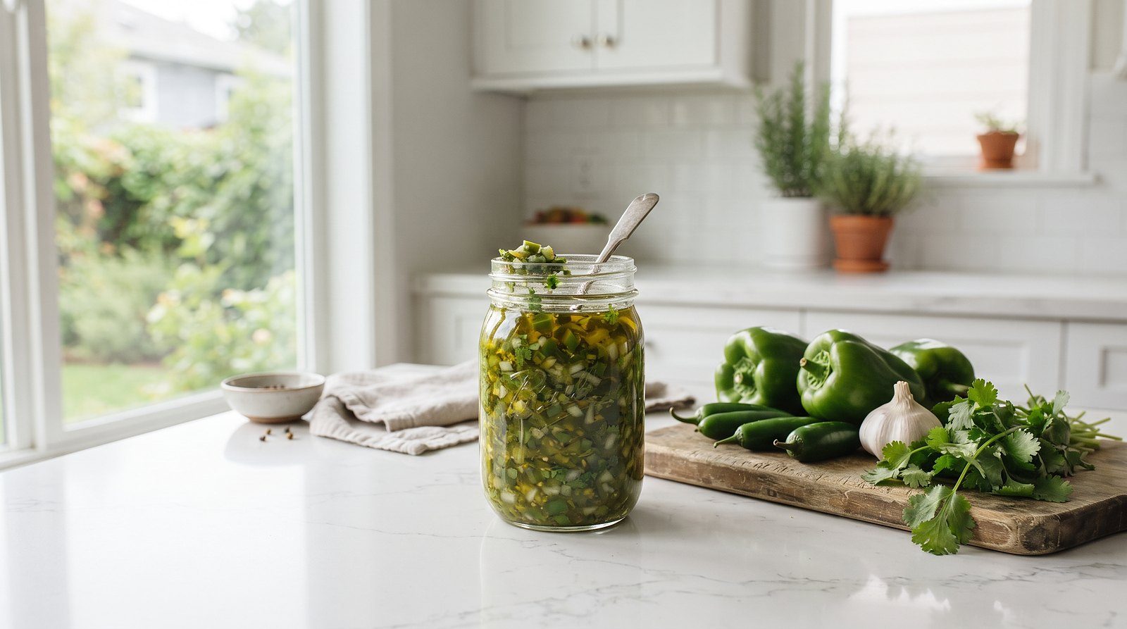 Glass jar of green sofrito with diced peppers on a kitchen counter