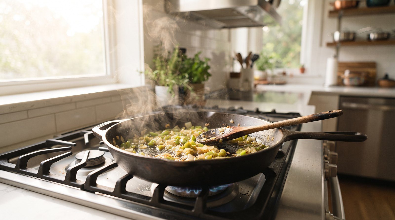 Skillet of green pepper and onion sofrito cooking on a stove with garlic